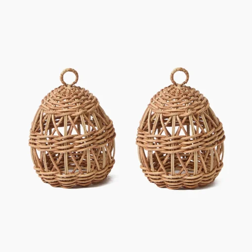 Mrs. Alice Small Rattan Woven Egg with Green Saddlestitch Bows (Pair)< Spring Decorations