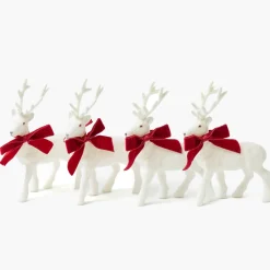 Mrs. Alice Small White Flocked Reindeer with Velvet Bows (Set of 4)< Christmas Decorations