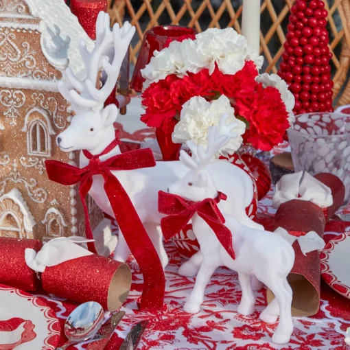 Mrs. Alice Small White Flocked Reindeer with Velvet Bows (Set of 4)< Christmas Decorations