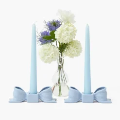 Mrs. Alice Soft Blue Ceramic Bow Candle Holder (Pair)< Summer Candleware | Candle Holders