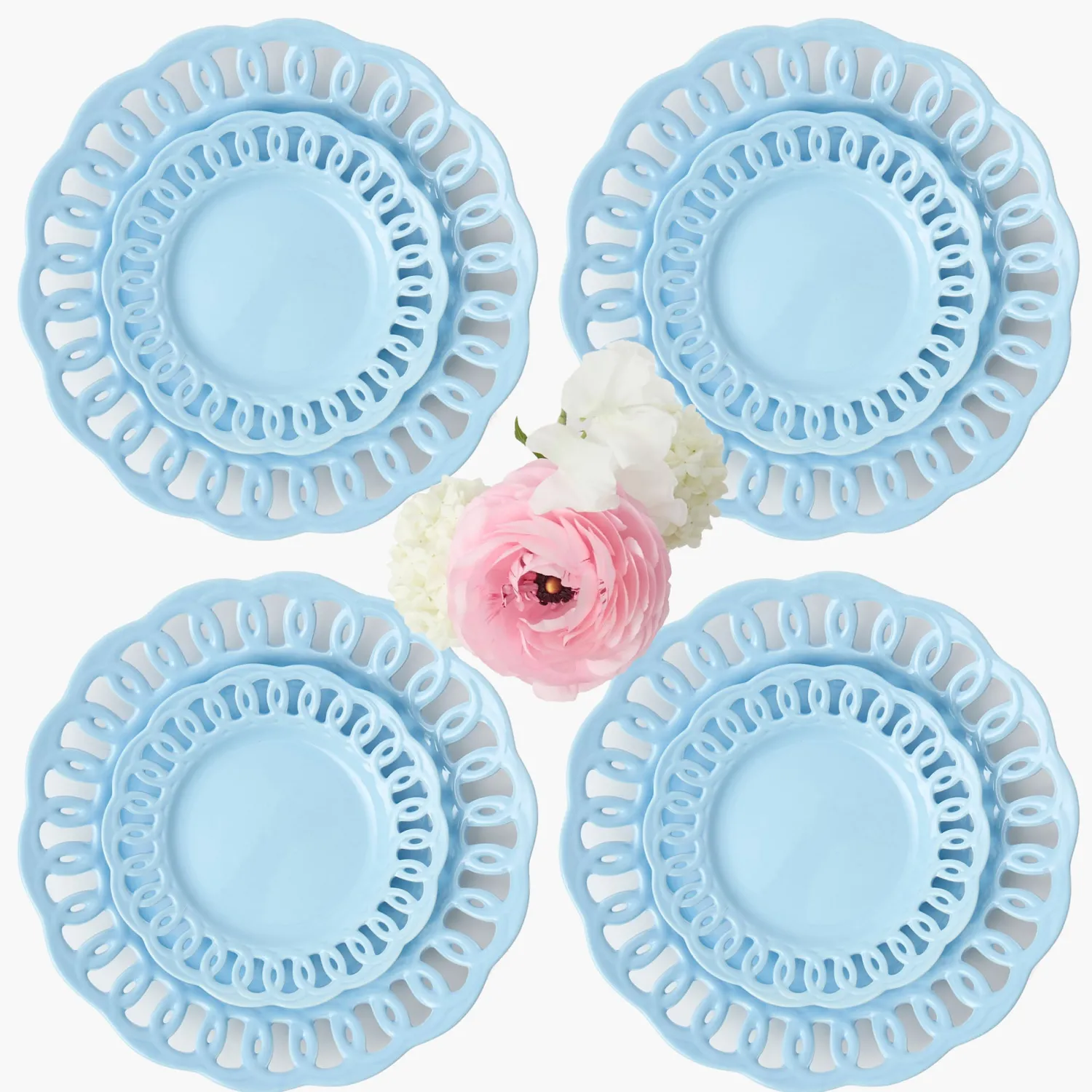 Mrs. Alice Soft Blue Lace Dinner & Starter Plates (Set of 8)< Summer Crockery | Crockery Sets
