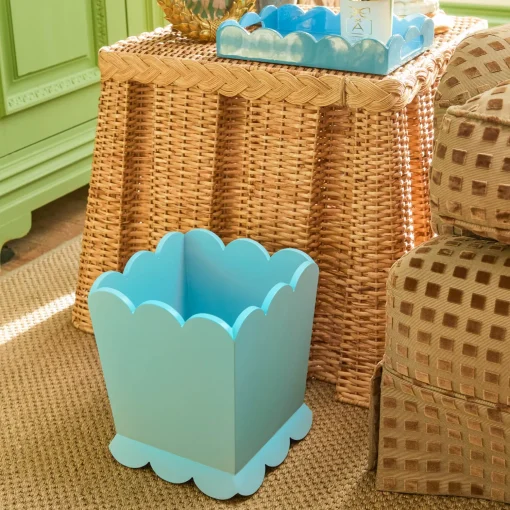 Mrs. Alice Soft Blue Scalloped Lacquer Waste Paper Bin< For Her | For Him