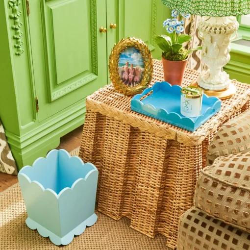 Mrs. Alice Soft Blue Scalloped Lacquer Waste Paper Bin< For Her | For Him