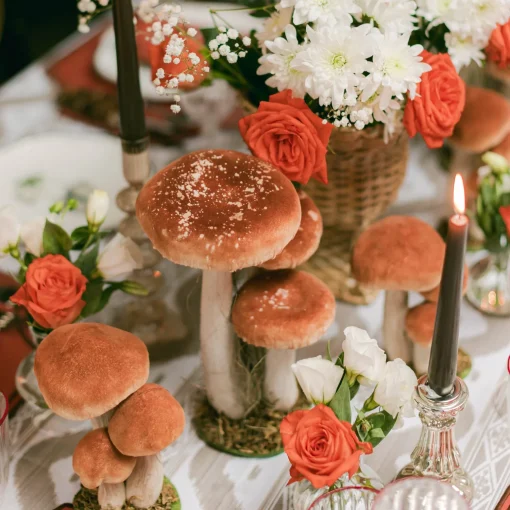 Mrs. Alice Tall Orange Velvet Mushrooms (Set of 3)< Year-round Decorations | Autumn Decorations