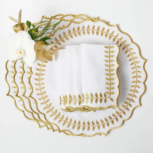 Mrs. Alice White & Gold Laurel Placemats & Napkins (Set of 4)< Table Linen Sets